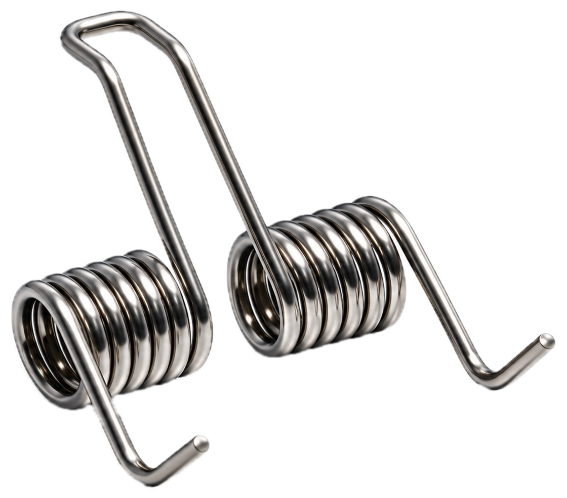 Polished stainless steel double torsion spring with two coils and formed legs